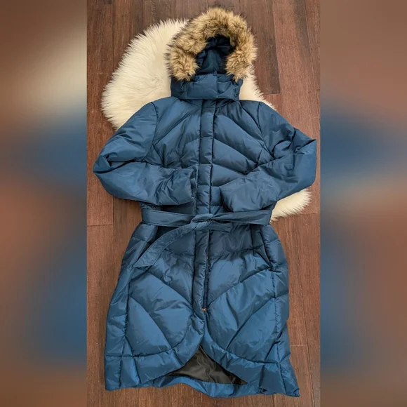 Lands' End Navy Blue Tie Waist Midi Puffer Coat Faux Fur LT Large Tall 14-16 - Picture 1 of 11